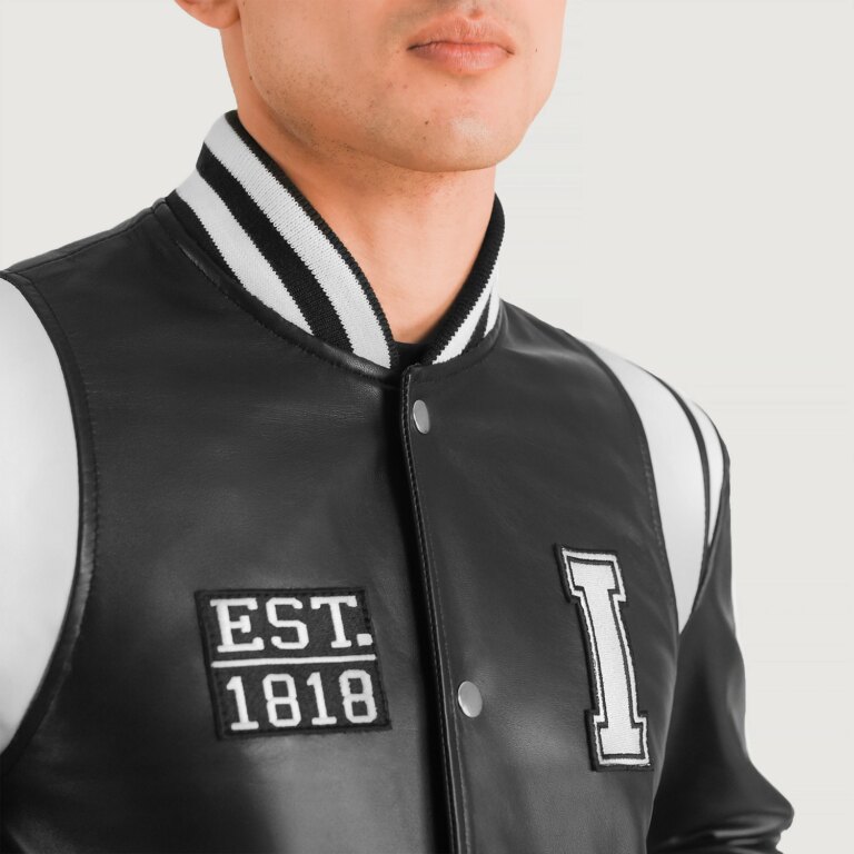 Mens Liberte Illinois Black Leather Varsity Jacket Close Front-5-1704192468799